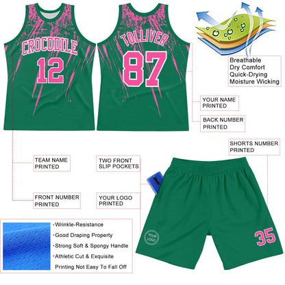 Custom Kelly Green Pink-White Splash Round Neck Sublimation Basketball Set Jersey