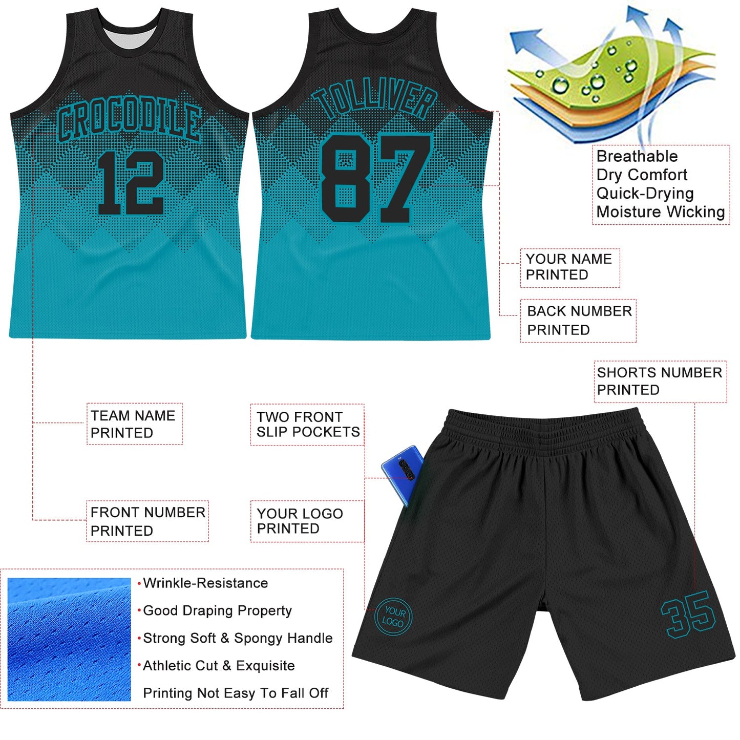 Custom Black Teal Gradient Square Shapes Round Neck Sublimation Basketball Set Jersey