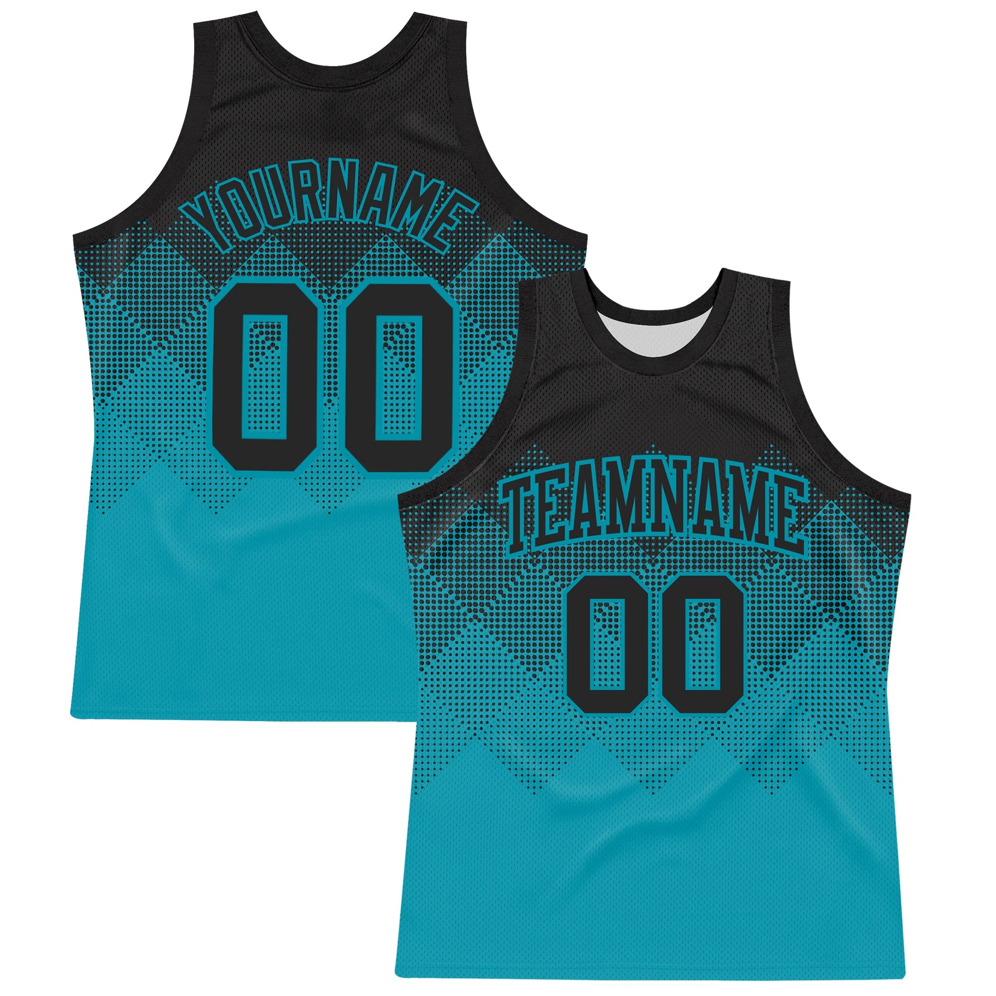 Custom Black Teal Gradient Square Shapes Round Neck Sublimation Basketball Set Jersey