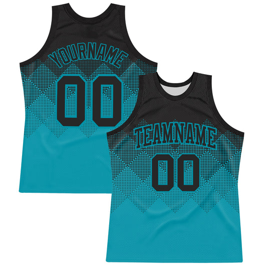 Custom Black Teal Gradient Square Shapes Round Neck Sublimation Basketball Set Jersey