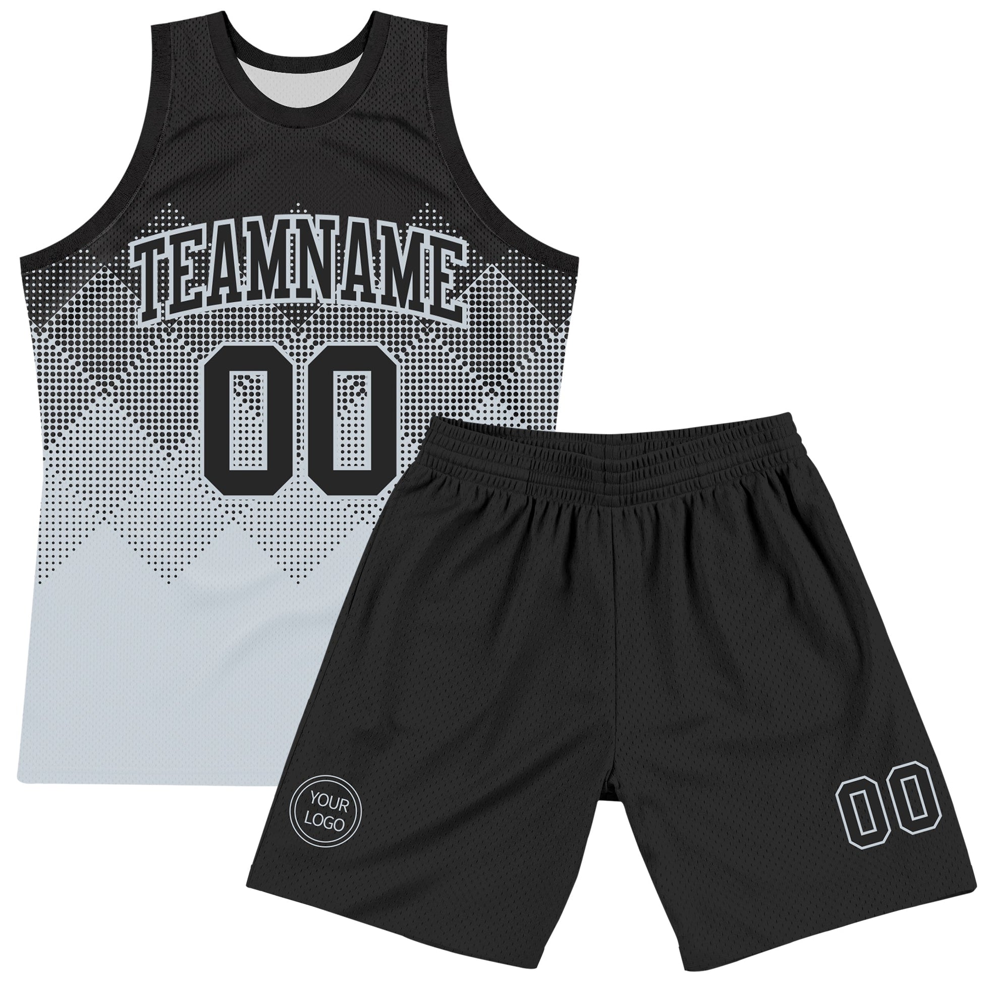 Custom Black Silver Gradient Square Shapes Round Neck Sublimation Basketball Set Jersey