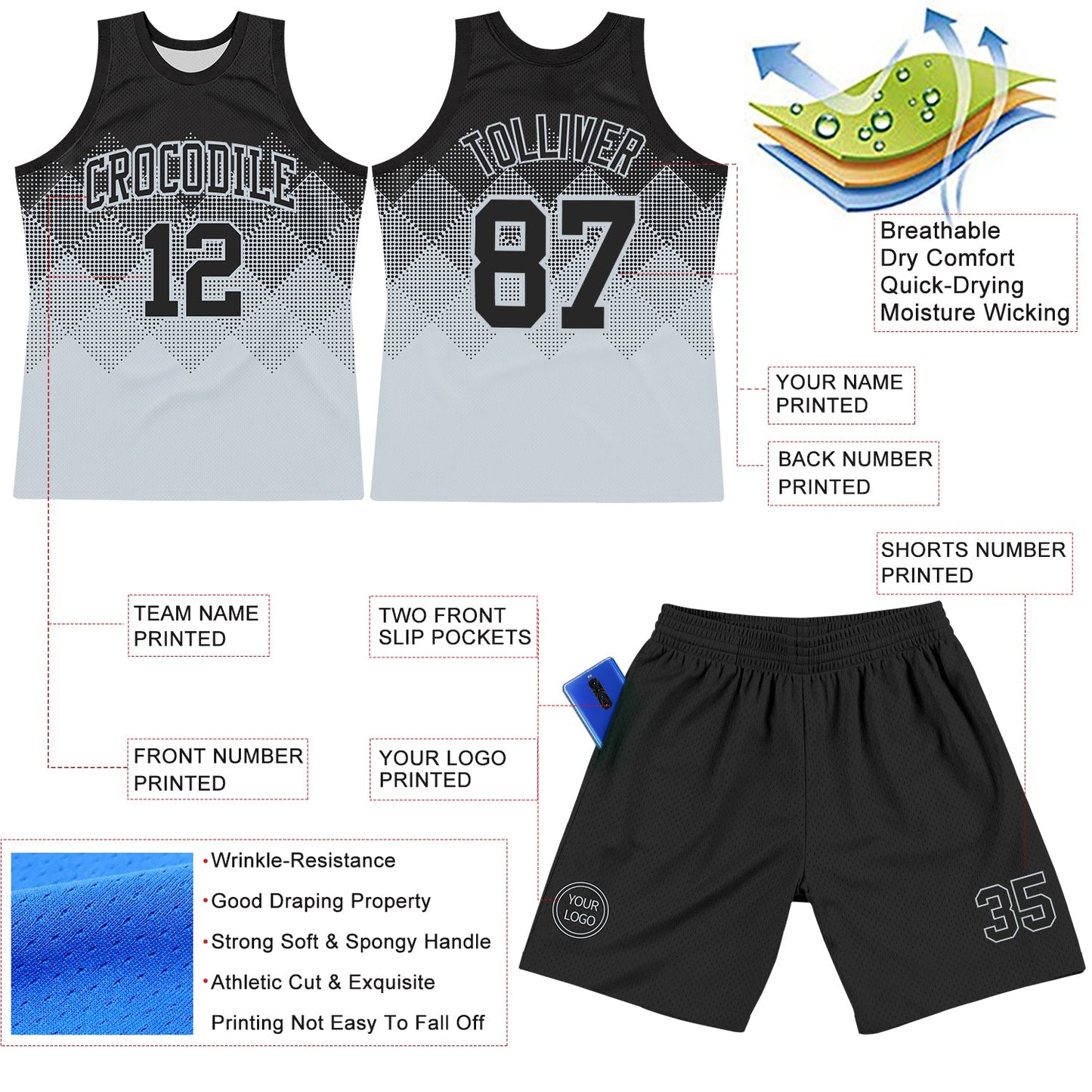 Custom Black Silver Gradient Square Shapes Round Neck Sublimation Basketball Set Jersey