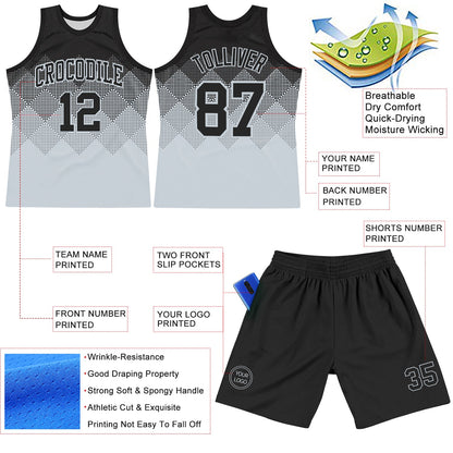Custom Black Silver Gradient Square Shapes Round Neck Sublimation Basketball Set Jersey