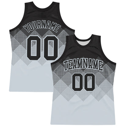 Custom Black Silver Gradient Square Shapes Round Neck Sublimation Basketball Set Jersey