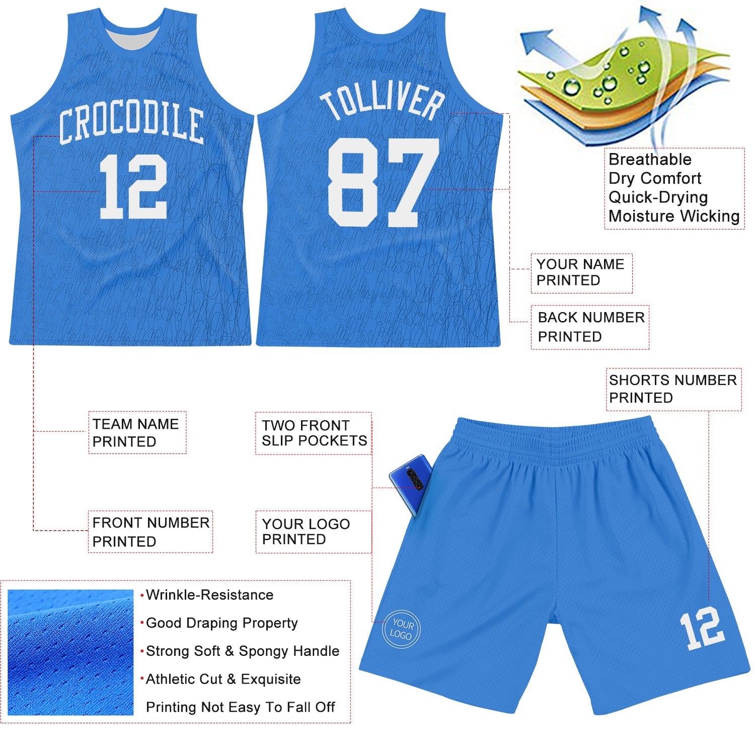 Custom Light Blue White Line Round Neck Sublimation Basketball Set Jersey