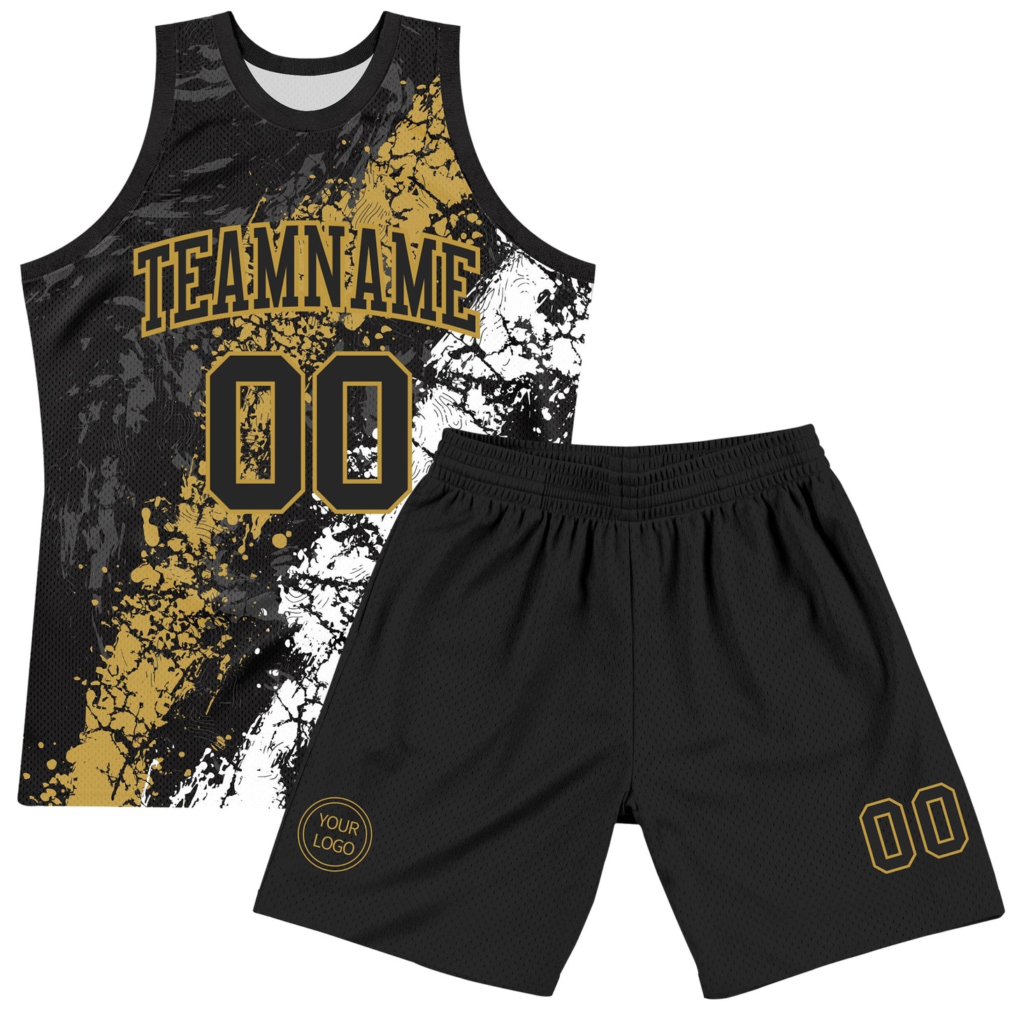 Custom Black Old Gold-White Splash Round Neck Sublimation Basketball Set Jersey
