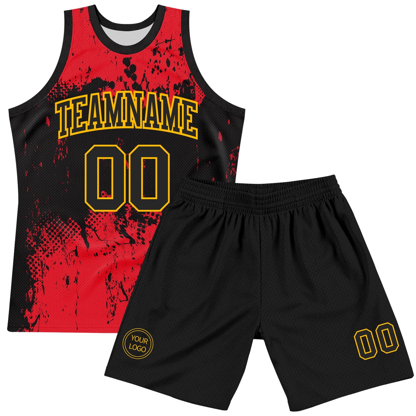 Custom Black Red-Gold Abstract Splatter Grunge Art Round Neck Sublimation Basketball Set Jersey