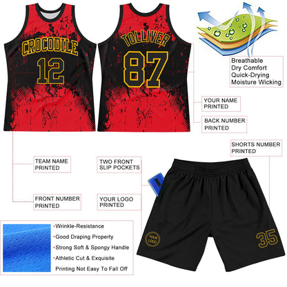 Custom Black Red-Gold Abstract Splatter Grunge Art Round Neck Sublimation Basketball Set Jersey