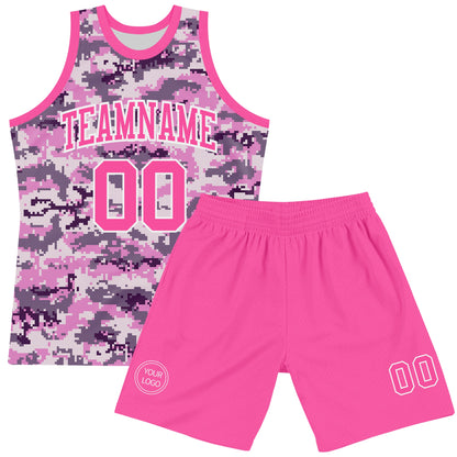 Custom Camo Pink-White Round Neck Sublimation Salute To Service Basketball Set Jersey