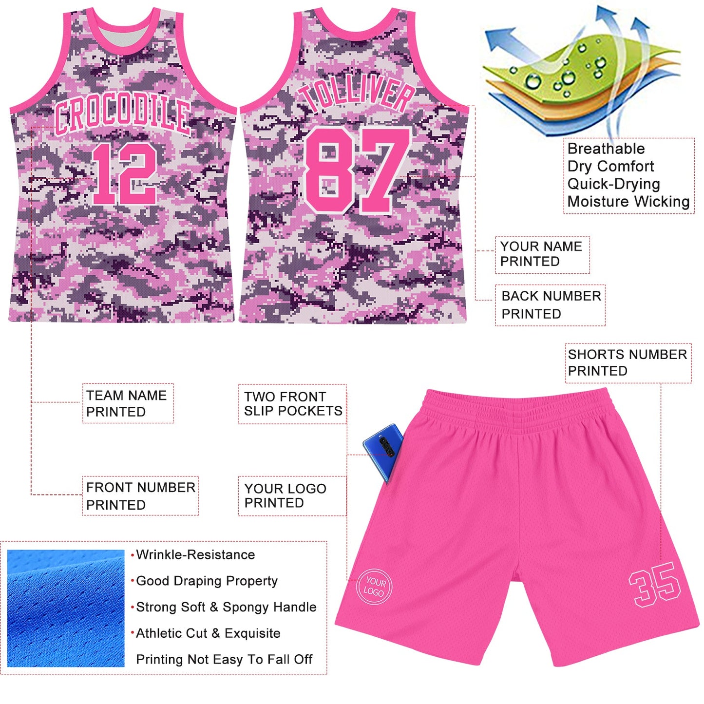 Custom Camo Pink-White Round Neck Sublimation Salute To Service Basketball Set Jersey