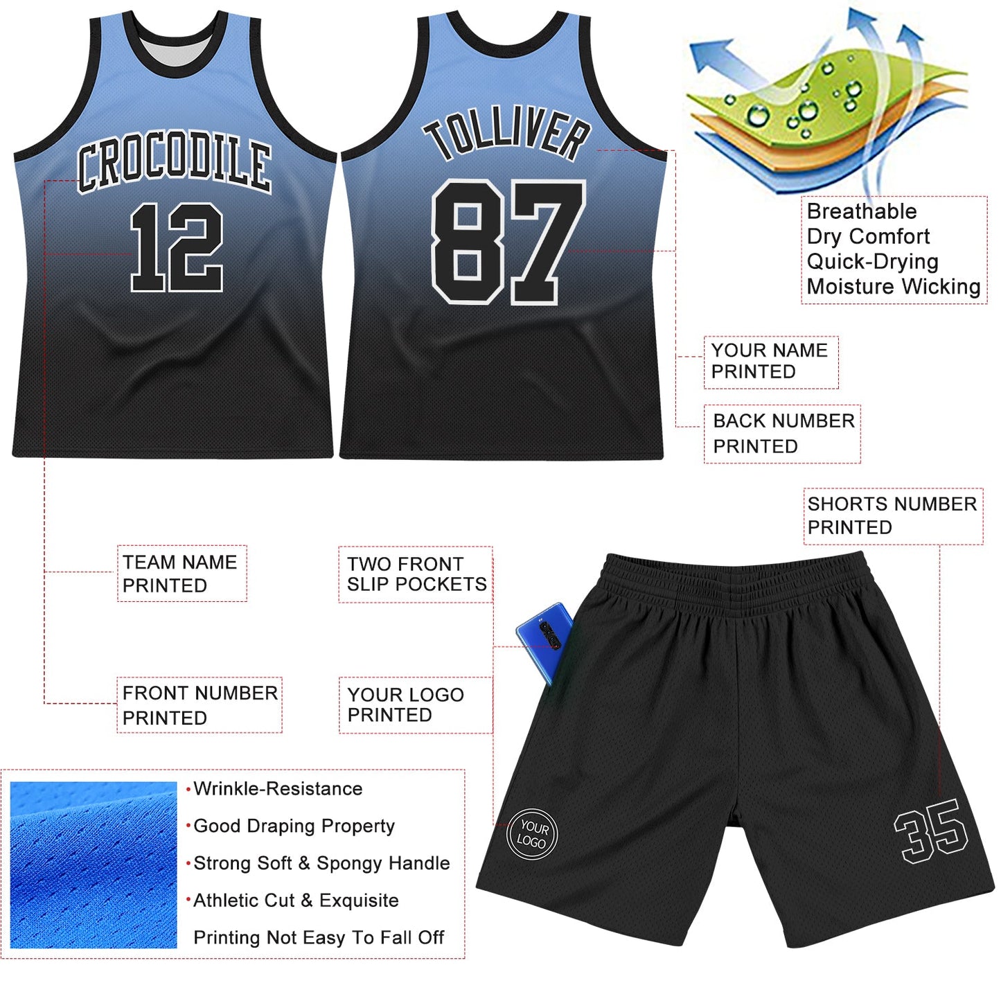 Custom Powder Blue Black-White Fade Fashion Round Neck Sublimation Basketball Set Jersey