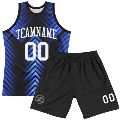 Custom Black White-Royal Arrow Shape Round Neck Sublimation Basketball Set Jersey