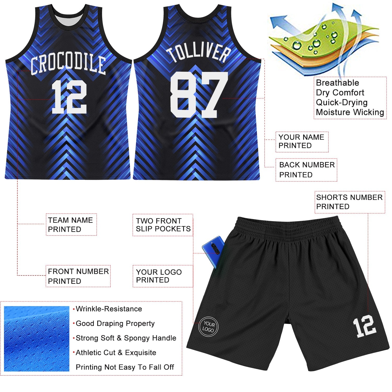 Custom Black White-Royal Arrow Shape Round Neck Sublimation Basketball Set Jersey