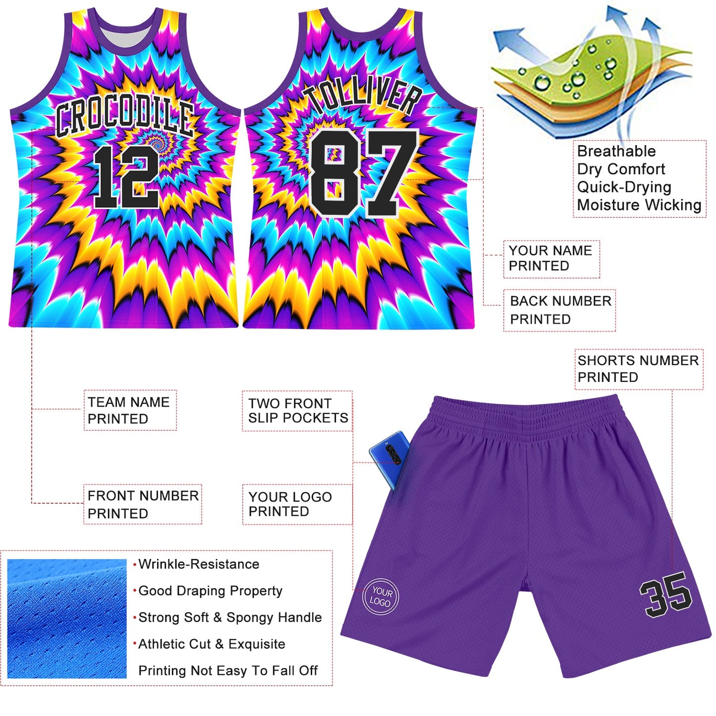 Custom Tie Dye Black-White Round Neck Sublimation Basketball Set Jersey