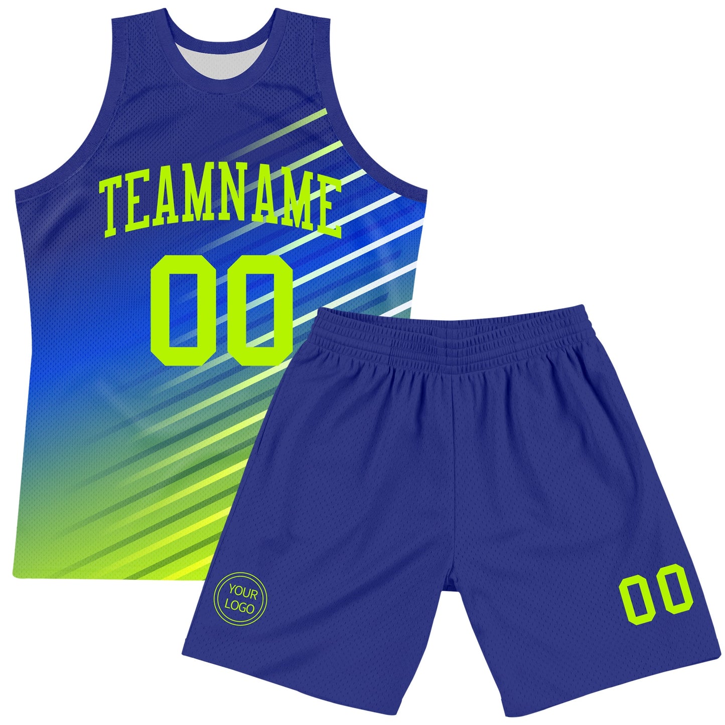 Custom Royal Neon Green-White Line Round Neck Sublimation Basketball Set Jersey