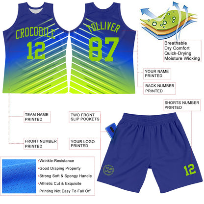 Custom Royal Neon Green-White Line Round Neck Sublimation Basketball Set Jersey