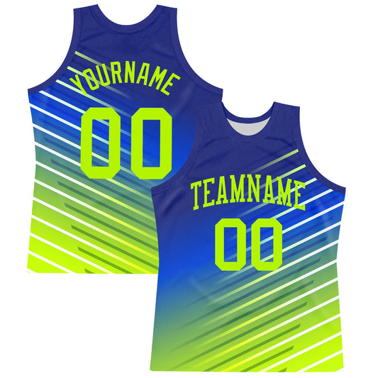 Custom Royal Neon Green-White Line Round Neck Sublimation Basketball Set Jersey