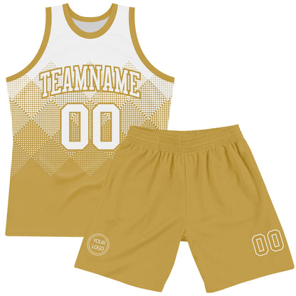 Custom White Old Gold Gradient Square Shapes Round Neck Sublimation Basketball Set Jersey