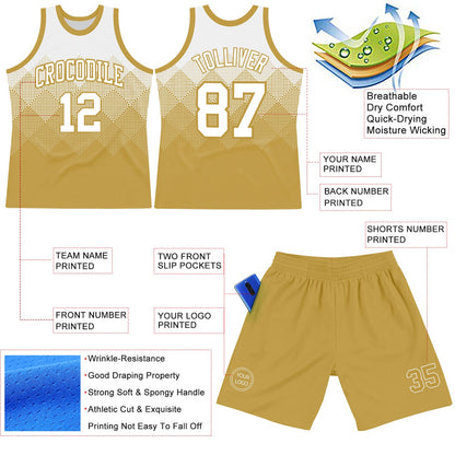Custom White Old Gold Gradient Square Shapes Round Neck Sublimation Basketball Set Jersey