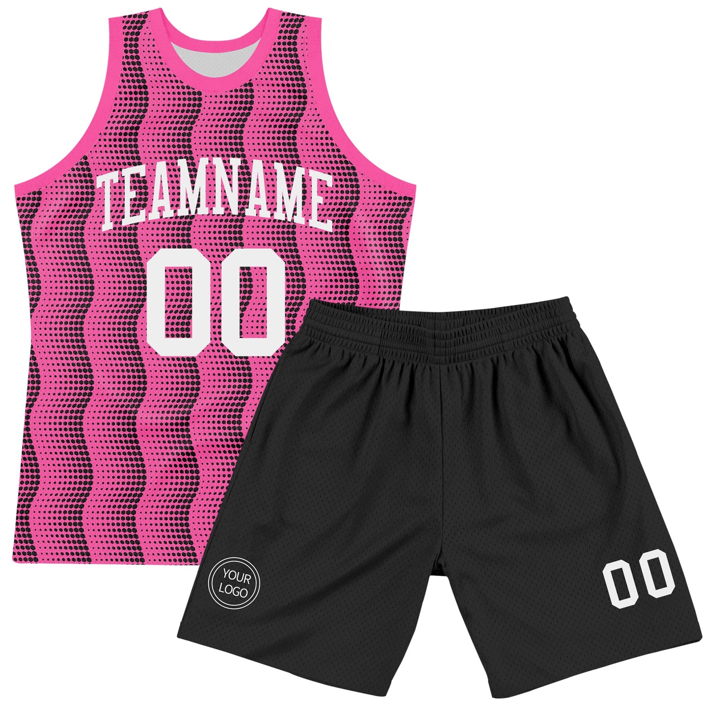 Custom Pink White-Black Geometric Shape Round Neck Sublimation Basketball Set Jersey