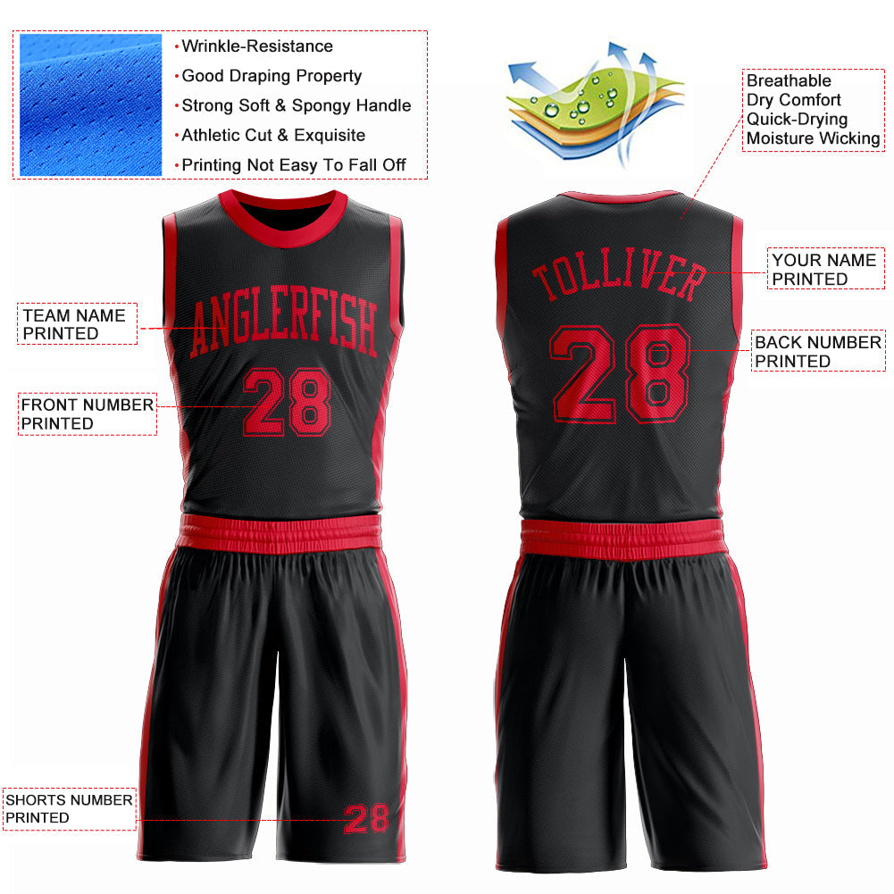 Custom Black Red Round Neck Basketball Uniform Jersey