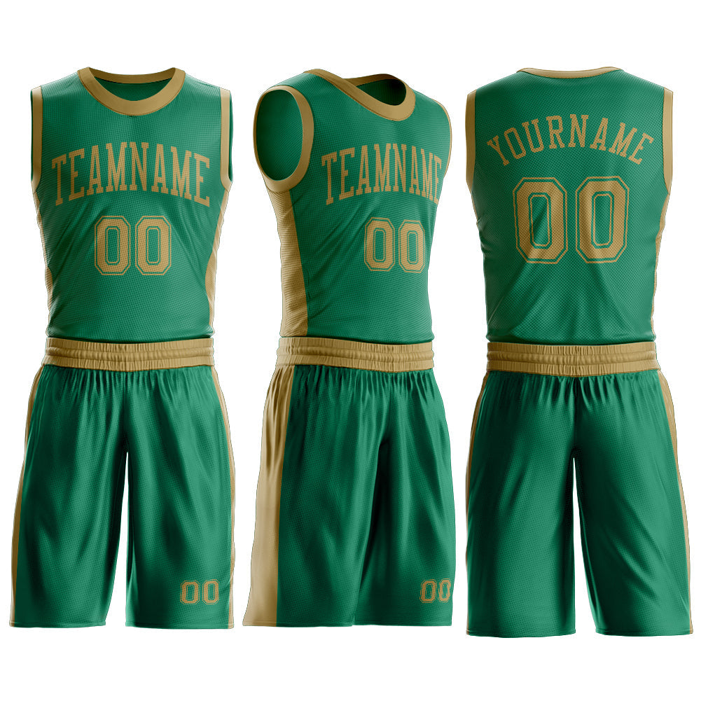 Custom Kelly Green Old Gold Round Neck Basketball Uniform Jersey