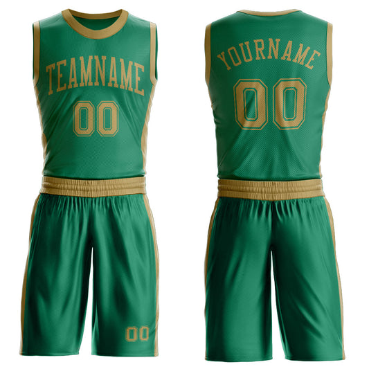 Custom Kelly Green Old Gold Round Neck Basketball Uniform Jersey