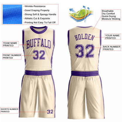 Custom Cream Purple Round Neck Basketball Uniform Jersey