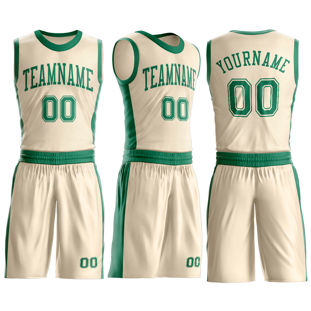 Custom Cream Kelly Green Round Neck Basketball Uniform Jersey