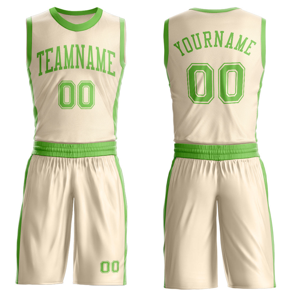 Custom Cream Neon Green Round Neck Basketball Uniform Jersey