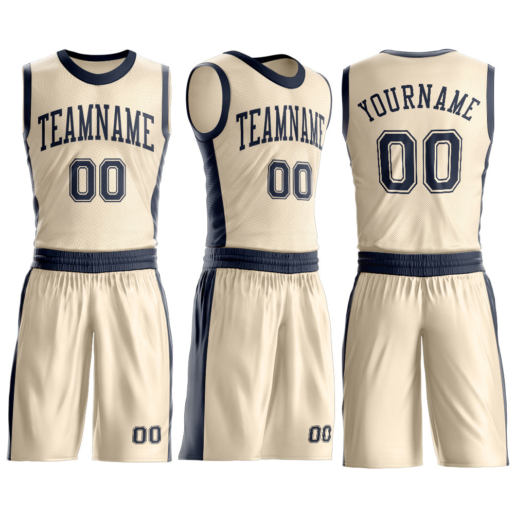 Custom Cream Navy Round Neck Basketball Uniform Jersey