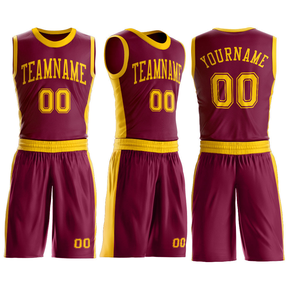 Custom Maroon Gold Round Neck Basketball Uniform Jersey