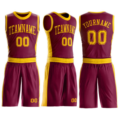 Custom Maroon Gold Round Neck Basketball Uniform Jersey