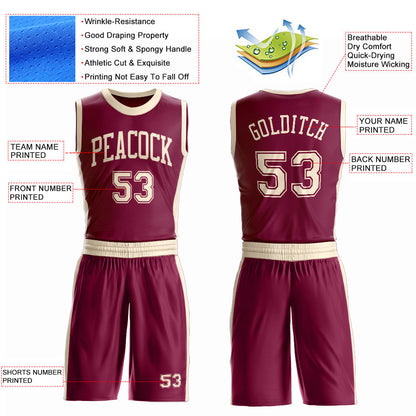Custom Maroon Cream Round Neck Basketball Uniform Jersey