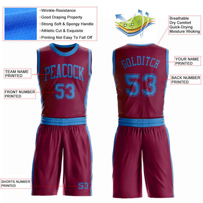 Custom Maroon Blue Round Neck Basketball Uniform Jersey