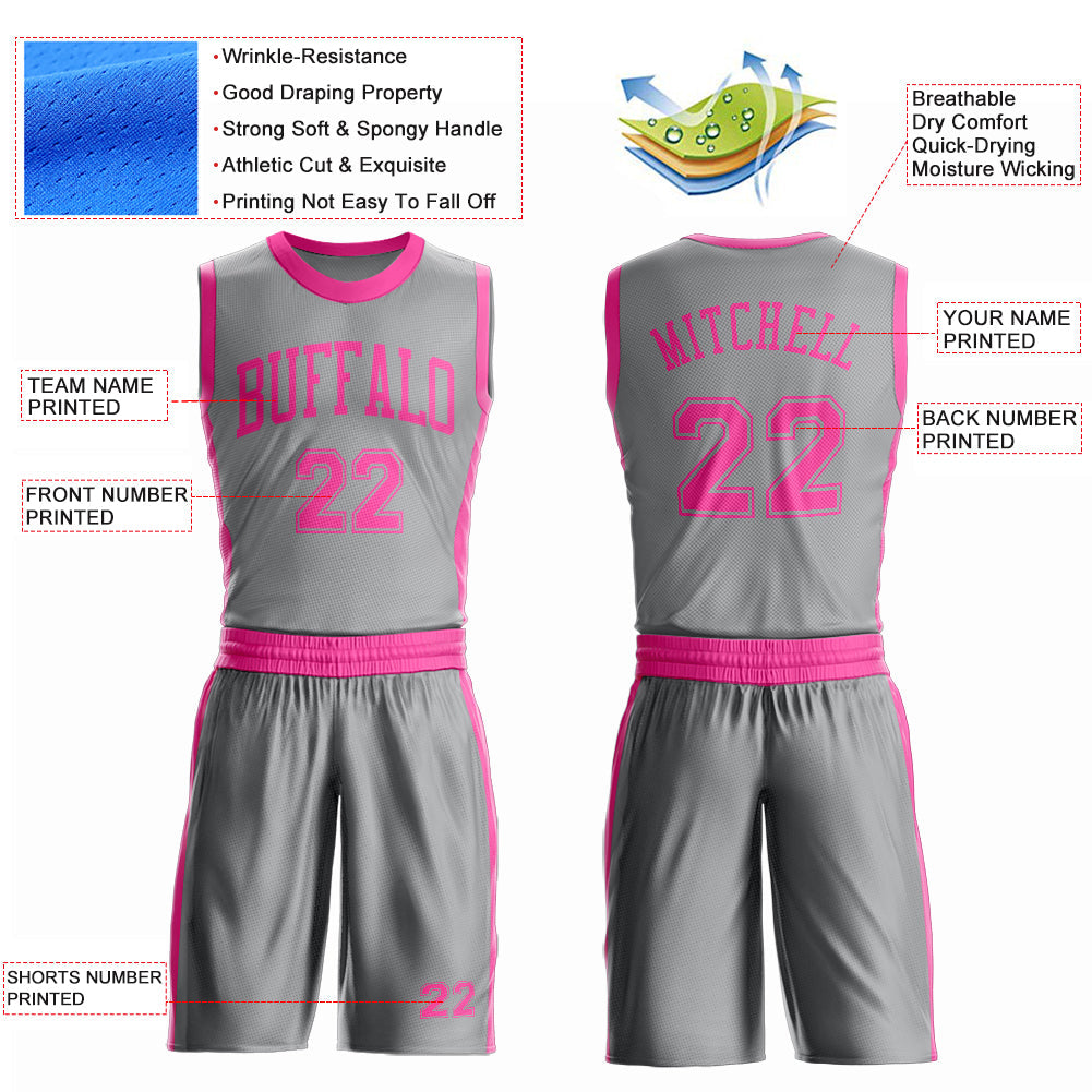 Custom Gray Pink Round Neck Basketball Uniform Jersey