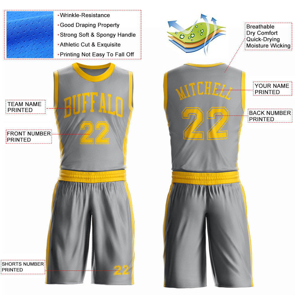Custom Gray Gold Round Neck Basketball Uniform Jersey