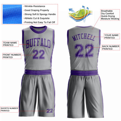 Custom Gray Purple Round Neck Basketball Uniform Jersey