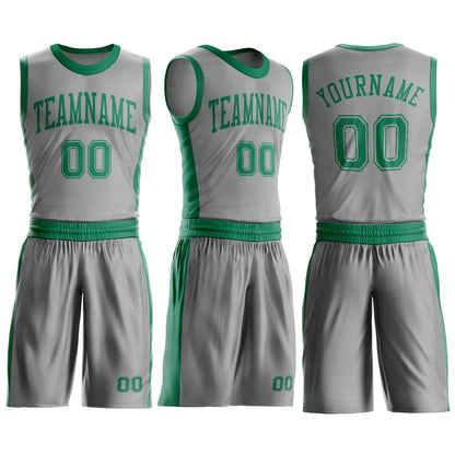 Custom Gray Kelly Green Round Neck Basketball Uniform Jersey