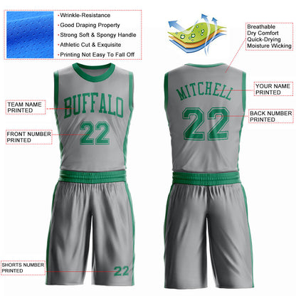 Custom Gray Kelly Green Round Neck Basketball Uniform Jersey