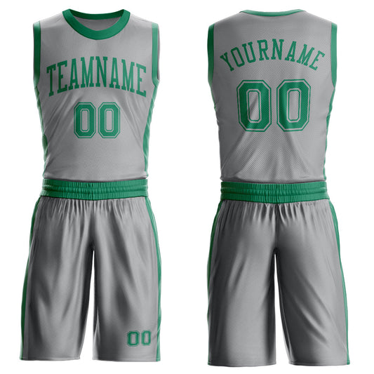 Custom Gray Kelly Green Round Neck Basketball Uniform Jersey