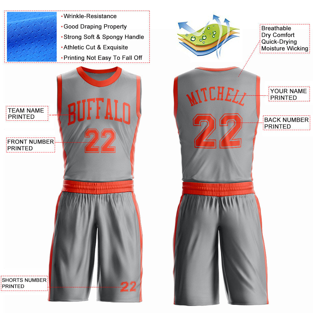 Custom Gray Orange Round Neck Basketball Uniform Jersey