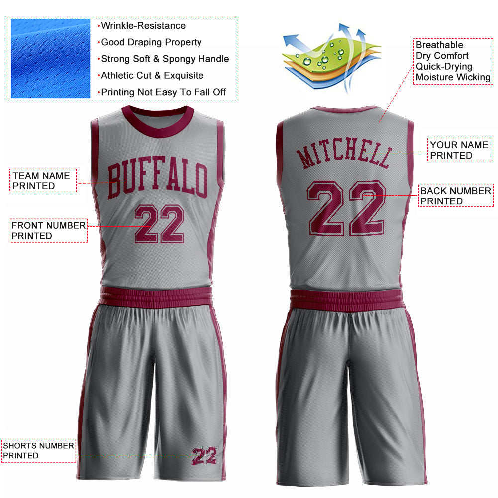 Custom Gray Maroon Round Neck Basketball Uniform Jersey