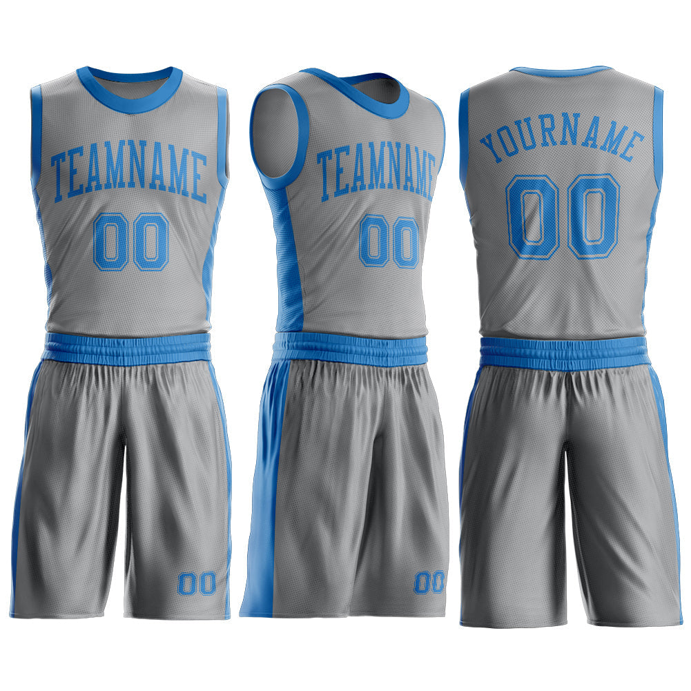 Custom Gray Blue Round Neck Basketball Uniform Jersey