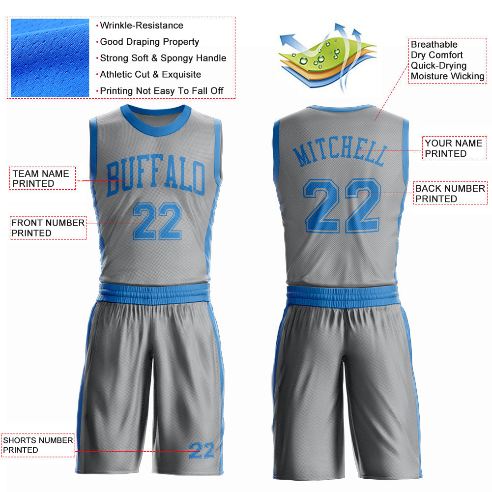 Custom Gray Blue Round Neck Basketball Uniform Jersey
