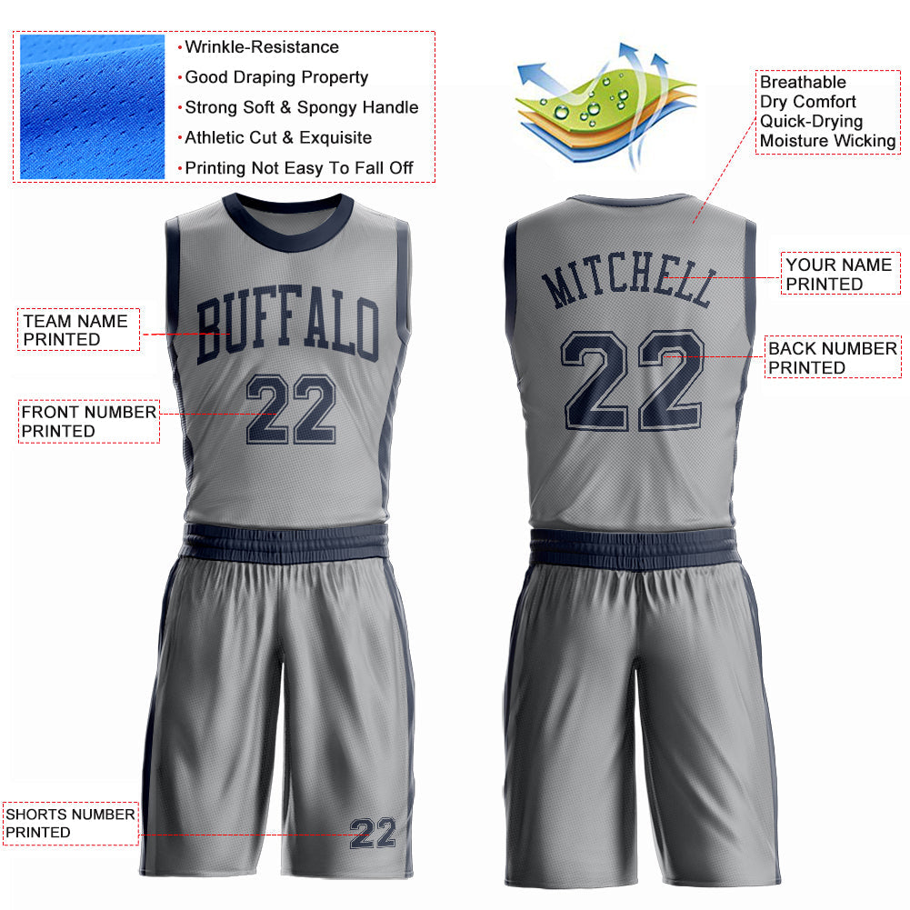 Custom Gray Navy Round Neck Basketball Uniform Jersey