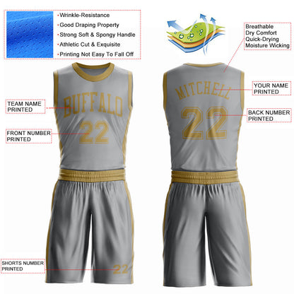 Custom Gray Old Gold Round Neck Basketball Uniform Jersey