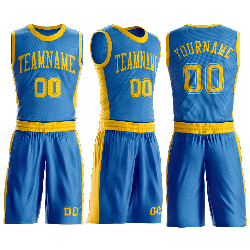 Custom Blue Gold Round Neck Basketball Uniform Jersey