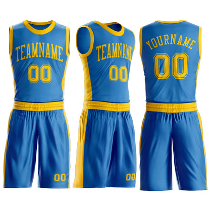 Custom Blue Gold Round Neck Basketball Uniform Jersey