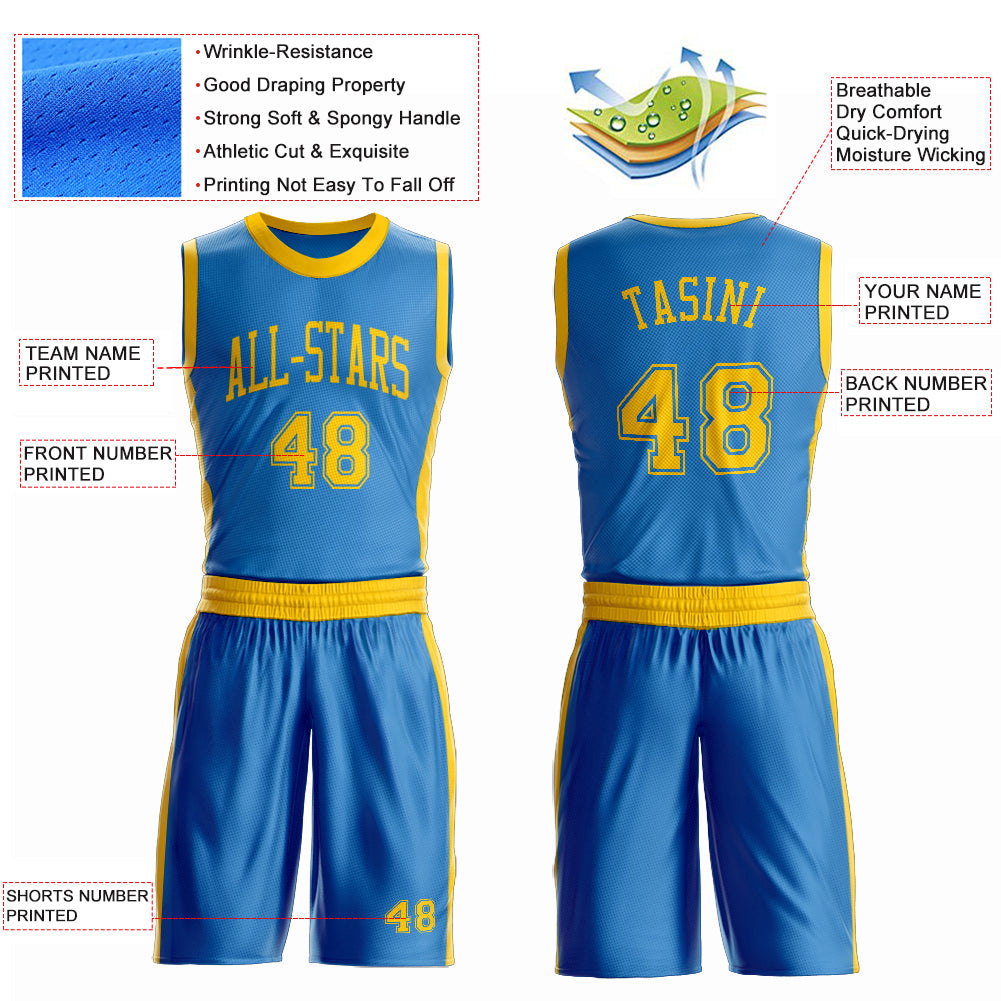 Custom Blue Gold Round Neck Basketball Uniform Jersey